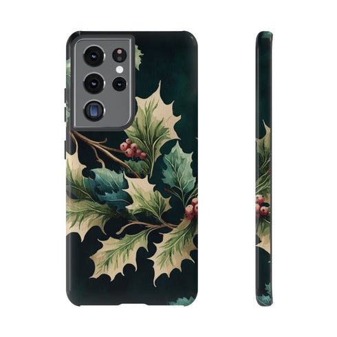 Dark Green Festive Holly in Watercolor - Impact Resistant Phone Case Samsung Galaxy S21 Ultra Glossy
